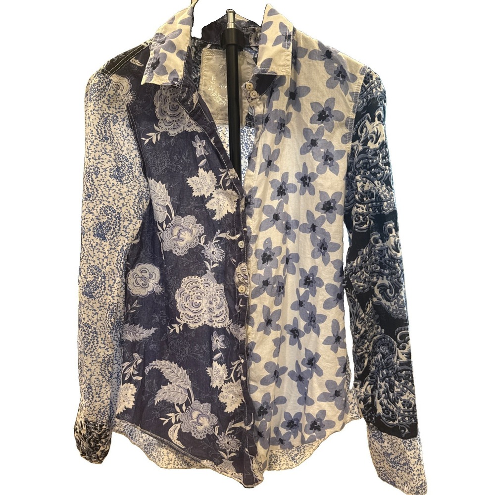 Cino Womens Floral Print Patchwork Button Down Shirt Size XS Blue Cotton India